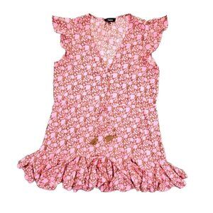 Aakaa Anthropologie Dress Women's L Red Floral Fit & Flare Short Flutter Sleeves